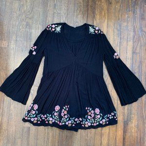 Free People Te Amo Black Embroidered Mini Dress